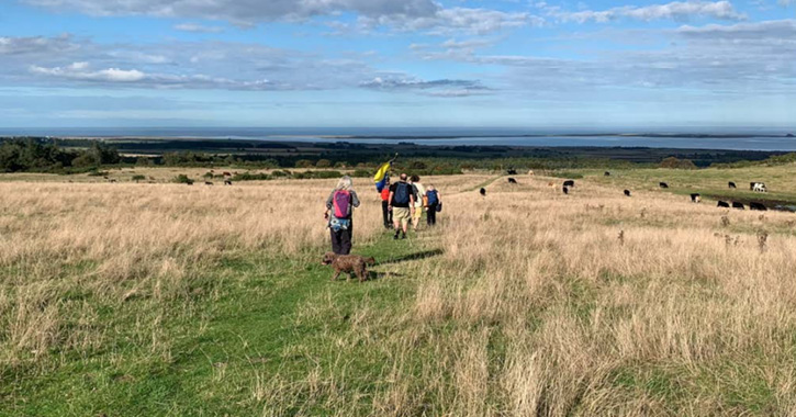 Pilgrims walking down to Fenwick with the end point in sight - Lindisfarne Holy Island.